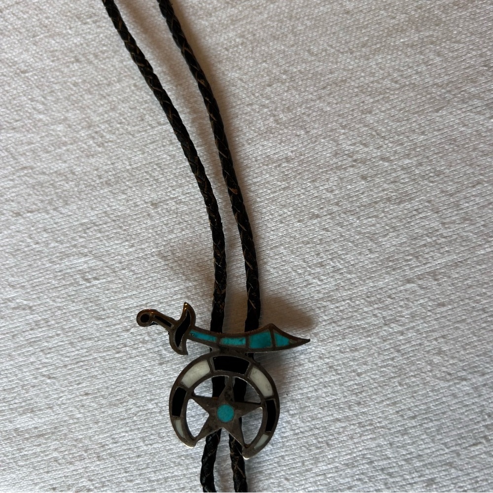 Vintage Native American Zuni Shriners' Multi-stone Inlay Bolo Tie AS-IS - Picture 2 of 7